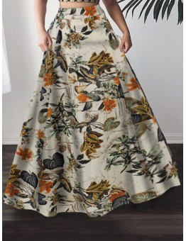 Women 100  Cotton Plant Floral Print High Waist Bohemia Maxi Skirts