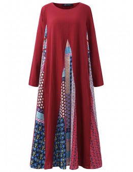 O  NEWE Vintage Women Printed Stitching Long Sleeve Dress