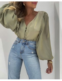 V-neck new casual loose solid color top HF1711-02-01