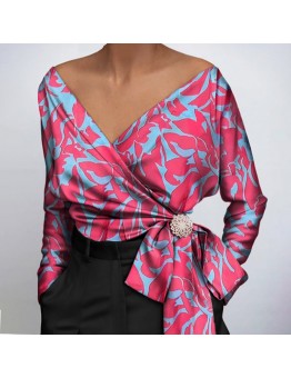 women shirt Satin Blouse Print Blouses Sexy Belt Top Elegant HF2813-02-01
