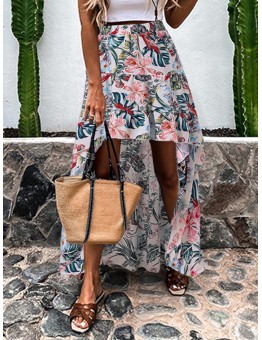 Elastic Waist Spliced Floral Pleats Summer Skirts For Women