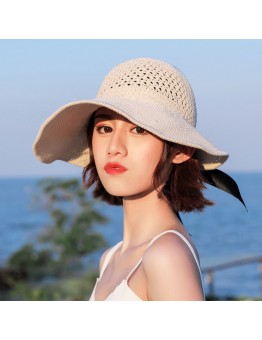 Women Memory Steel Wire Brim Bow Design Straw Hat Foldable Big Brim Summer Sunshade Suncreen Empty Top Hat Bucket Hat