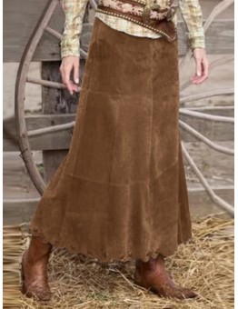 Women Solid Color Corduroy Frill Hem Back Zipper Casual Skirts
