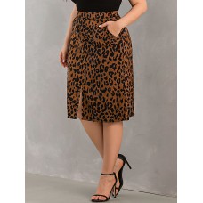 Women Plus Size Leopard Print Split High Waist Back  Zip Mid Length Skirts