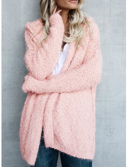 Women Fuzzy Solid Color Hooded Outwear Coats