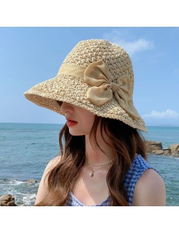 Women Hollow Bow Decoration Woven Straw Hat Summer Travel Foldable Suncreen Bucket Hat