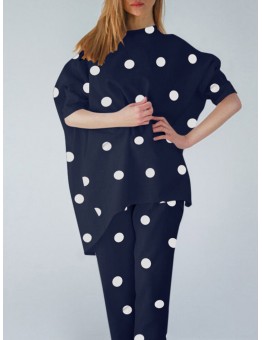 Polka Dot Irregular Hem Elastic Waist Casual Suit