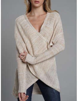 Irregular V Neck Cross Hollow Out Knit Long Sleeve Women Casual Sweaters