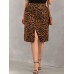 Women Plus Size Leopard Print Split High Waist Back  Zip Mid Length Skirts