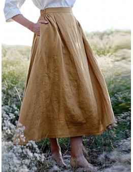 Solid Color Elastic Waist Linen Cotton Loose Hem Skirts