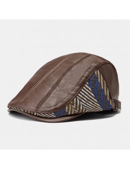 PU Leather Autumn Warm Beret Cap Retro Color Stripe Knit Stitching Patch Flat Hat Forward Cap Peaked Cap